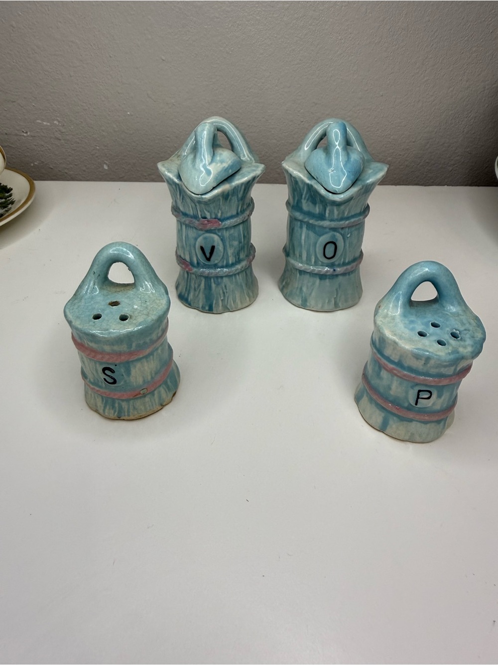 Vintage Japan Blue pink Basket Salt Pepper Oil Vinegar Cruet Condiment Set